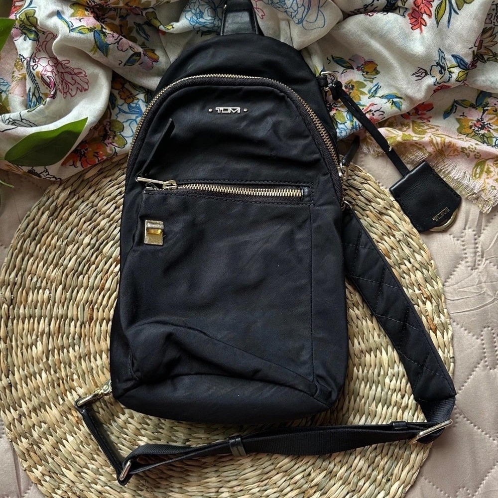 Tumi Voyageur Anna Sling Bag Black Nylon Gold Hardware Crossbody Backpack